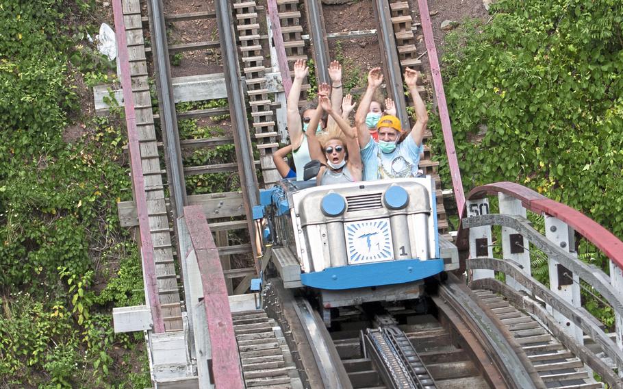 Guests react as they ride the Thunderbolt on National Roller Coaster Day on Aug. 16, 2020, at Kennywood Park in West Mifflin, Pa. 