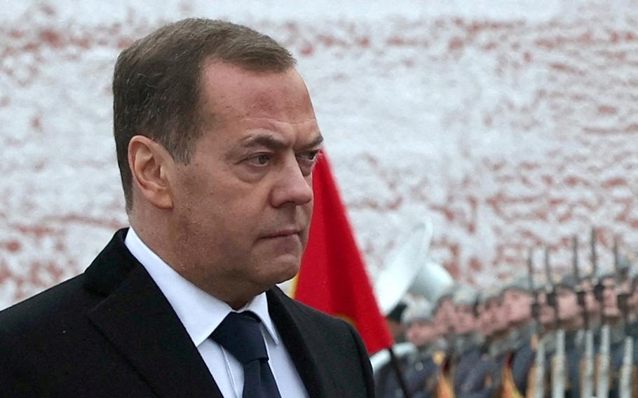 Dmitry Medvedev, Russia’s Deputy head of the Security Council, takes part in a ceremony at the Tomb of the Unknown Soldier by the Kremlin Wall in Moscow, Russia, on Feb. 23, 2024. 