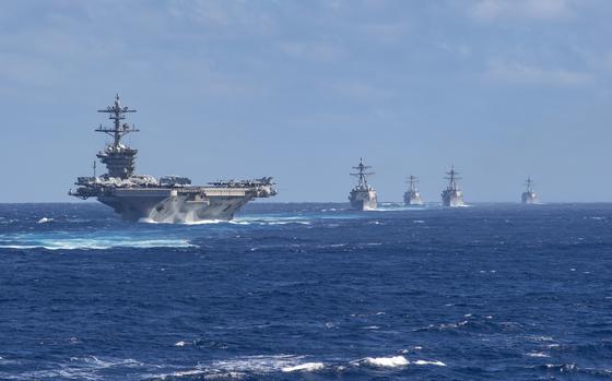 PACIFIC OCEAN (Jan. 25, 2020) The Theodore Roosevelt Carrier Strike Group transits the Pacific Ocean Jan. 25, 2020. The Theodore Roosevelt Carrier Strike Group is on a scheduled deployment to the Indo-Pacific. (U.S. Navy photo by Mass Communication Specialist 2nd Class Jason Isaacs)