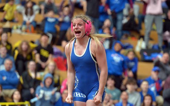 Ramstein's Lilianna Greene celebrates her 105-pound title at the DODEA-Europe wrestling championships Feb. 8, 2025, in Wiesbaden, Germany, after defeating Rota's Quennette Kirkconnell, to become the first girls champion in DODEA-Europe history.