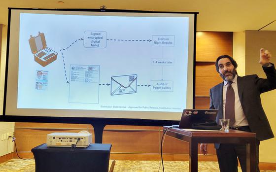 Ben Adida, executive director of VotingWorks, provides a presentation on an early-stage prototype of a deployable voting machine during the National Association of State Election Directors conference in Washington on Feb. 7, 2024.