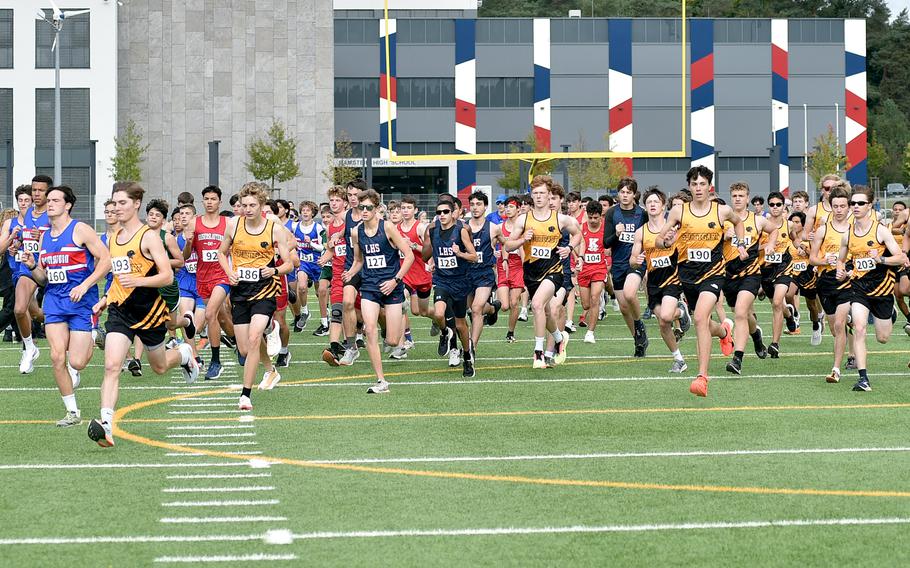 Runners get off to a fast start during the boys race of a cross country meet on Sept. 14, 2024, at Ramstein High School on Ramstein Air Base, Germany.