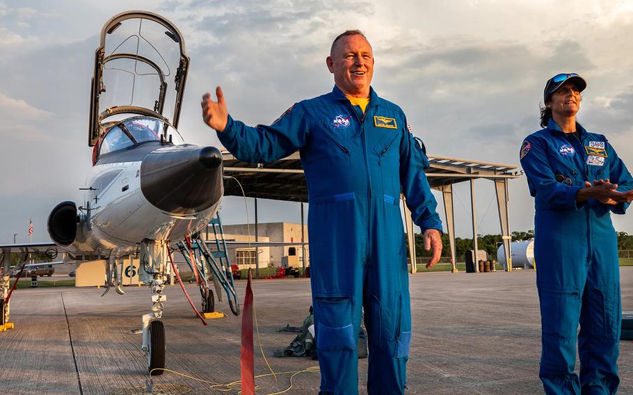 NASA astronauts Butch Wilmore and Suni Williams arrive at Kennedy Space Center’s former shuttle landing facility aboard T-38 jets on Tuesday, May 28, 2024, ahead of their planned launch aboard Boeing’s CST-100 Starliner on the Crew Flight Test mission to the International Space Station. 