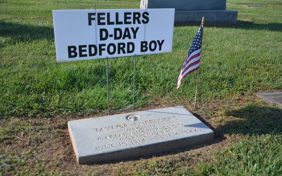 Capt. Taylor Fellers marker at the Greenwood Cemetery in Bedford, Va., on May 11, 2024. Fellers was one of 20 soldiers from the community who were part of Company A of the 116th Infantry Regiment, 29th Division that died on or shortly after D-Day.