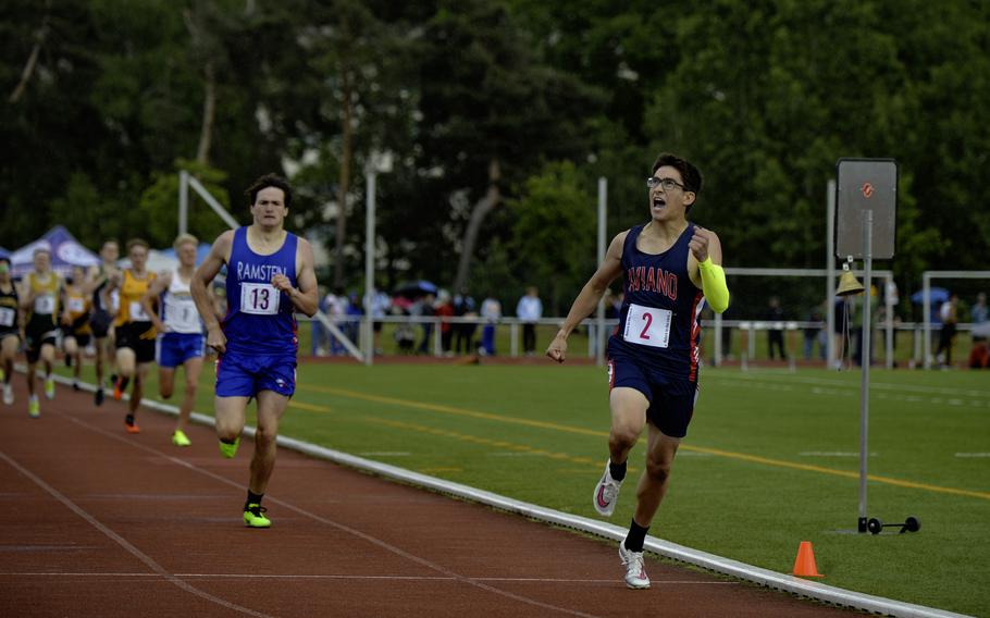 Aviano’s Zach Taylor celebrates his victory in the boys varsity 800-meter run at the 2024 DODEA European Championships at Kaiserslautern High School in Kaiserslautern, Germany, on May 24, 2024. The junior set a personal record of 2:00.10, with Ramstein’s Spencer Jackson finishing second at 2:01.22.