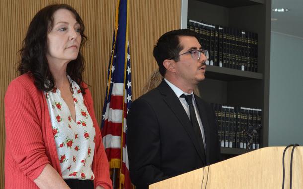 Travis County district attorney José Garza speaks at a news conference on June 4, 2024, with Sheila Foster, mother of Air Force veteran Garrett Foster, who was fatally shot by Army Sgt. Daniel Perry in 2020.