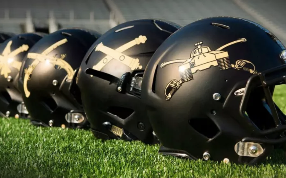 Helmets aligned on the grass showing different insignia.