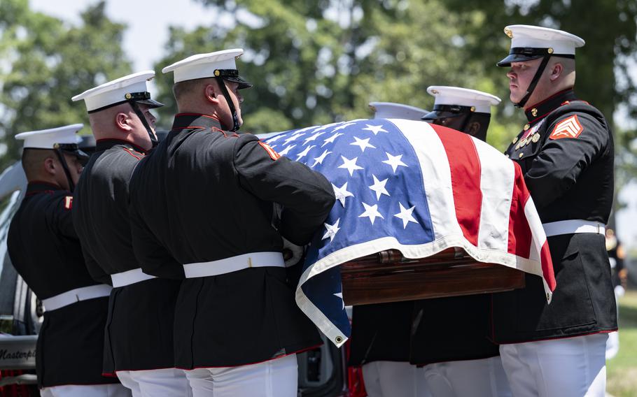 Marines from the Marine Band “The President’s Own” and the Marine Barracks Washington conduct military funeral honors with funeral escort for retired Gen. Alfred Gray Jr., the 29th Commandant of the Marine Corps, in Section 35 of Arlington National Cemetery, Arlington, Va., July 29, 2024. 