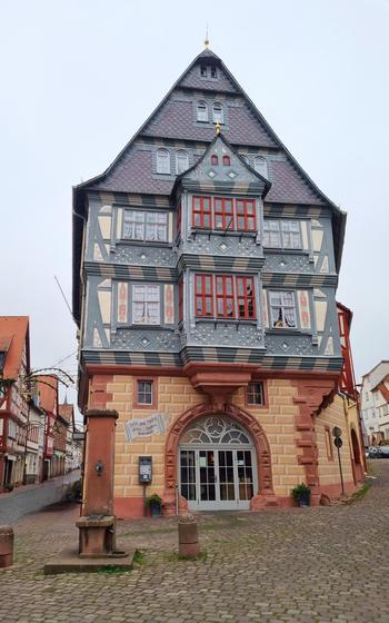 Colorful house in town on a cloudy day