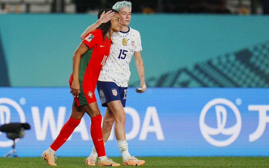 United States’ Megan Rapinoe embraces Portugal’s Jessica Silva, left, following the Women’s World Cup Group E soccer match between Portugal and the United States at Eden Park in Auckland, New Zealand, Tuesday, Aug. 1, 2023. 