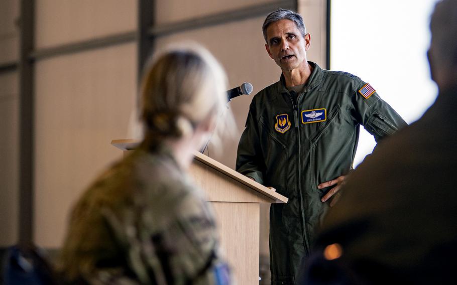 Lt. Gen. Steven L. Basham, at the time the U.S. Air Forces in Europe-Air Forces Africa deputy commander, speaks during a Bomber Task Force press conference at RAF Fairford, England, Oct. 20, 2021.