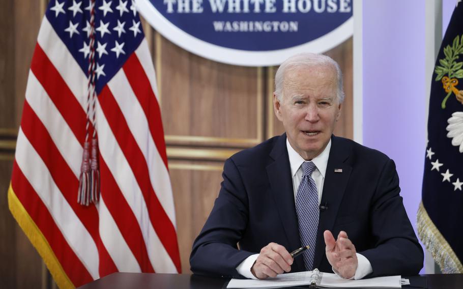 President Joe Biden speaks during the virtual leader-level meeting of the Major Economies Forum on energy and climate in the Eisenhower Executive Office Building in Washington on Thursday, April 20, 2023.