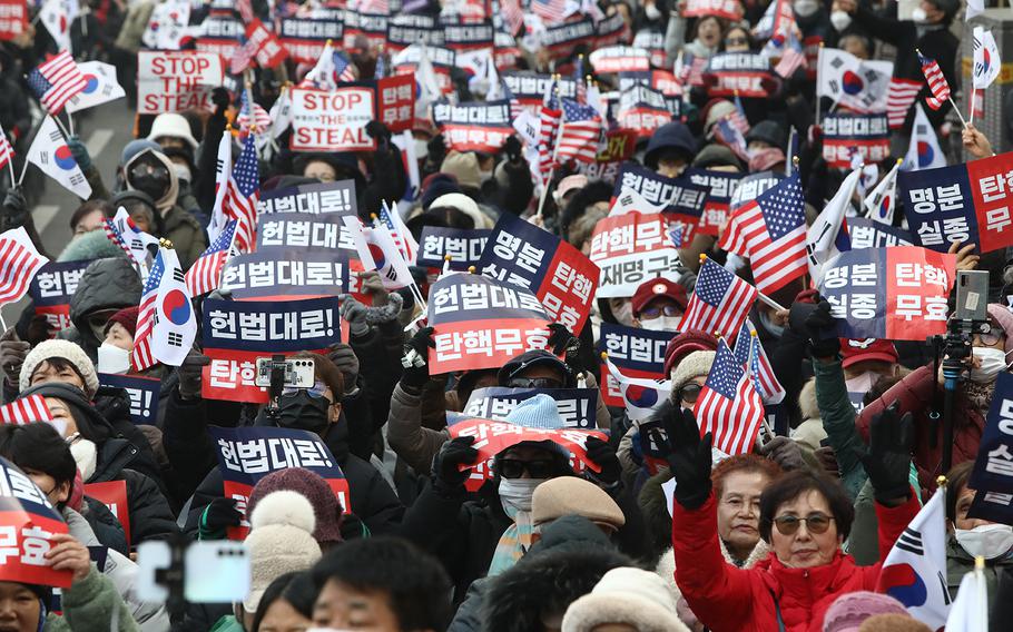 Supporters of impeached South Korean President Yoon Suk Yeol participate in an rally near the Constitutional Court on Jan. 21, 2025, in Seoul, South Korea.