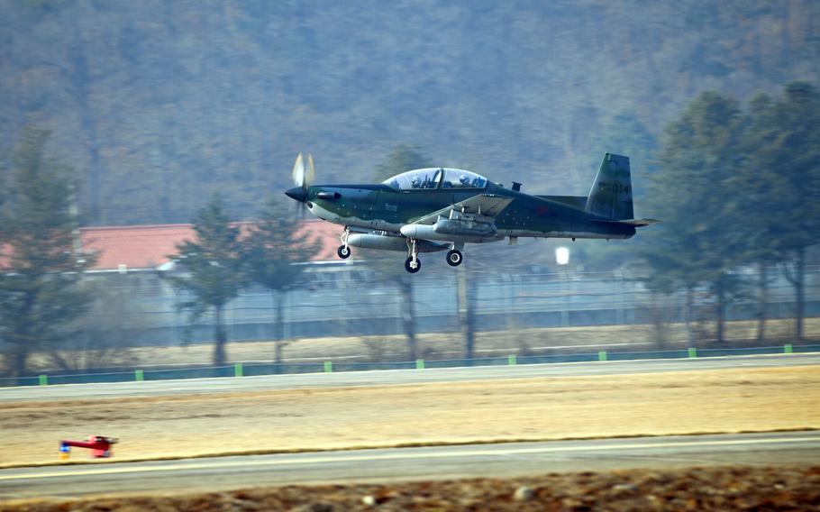 A South Korean air force KA-1 light-attack aircraft takes off.