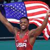 Spc. Kamal Bey of the U.S. Army World Class Athlete Program celebrates after winning the 77 kg gold medal in Greco-Roman wrestling at the Pan American Games in 2023 in Santiago, Chile. Bey will be competing at the 2024 Paris Olympics.