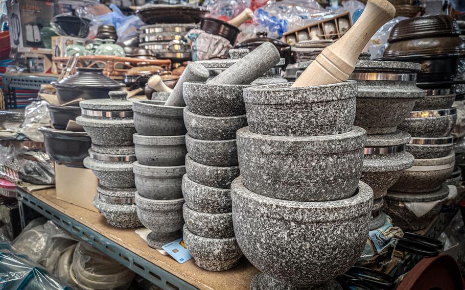 Mortars and pestles are for sale inside Gwangjang Market in Seoul, South Korea, Sept. 19, 2024.  