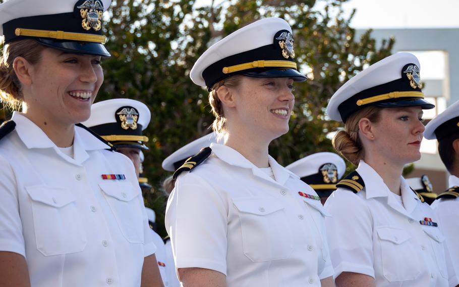 Sailors stand in a formation during a command dress whites inspection at the Robert E. Bush Naval Hospital, Marine Corps Air-Ground Combat Center, Twentynine Palms, Calif., April 19, 2024. 