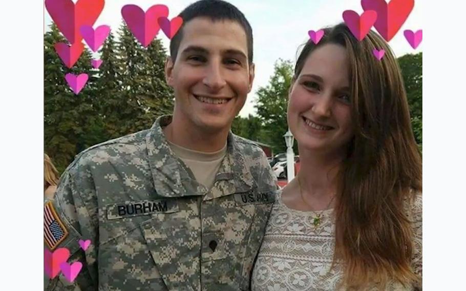 A video screen grab shows Elizabeth Hensley-Sieber, a former girlfriend of Michael Burham, who she says served in the military for more than a decade.