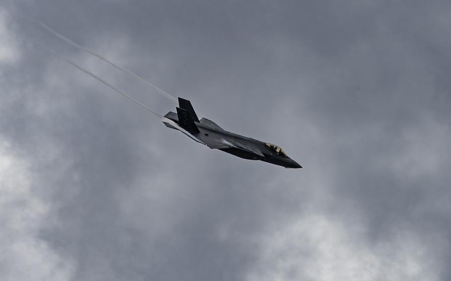 An F-35 Lightning II banks over Ramstein Air Base, Germany, on June 6, 2024, during the "Ramstein 1v1" exercise. It was inspired by the Navy's Top Gun tactics and involved pilots from nine NATO countries.