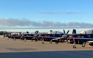 Military jets sit in a row on a runway.