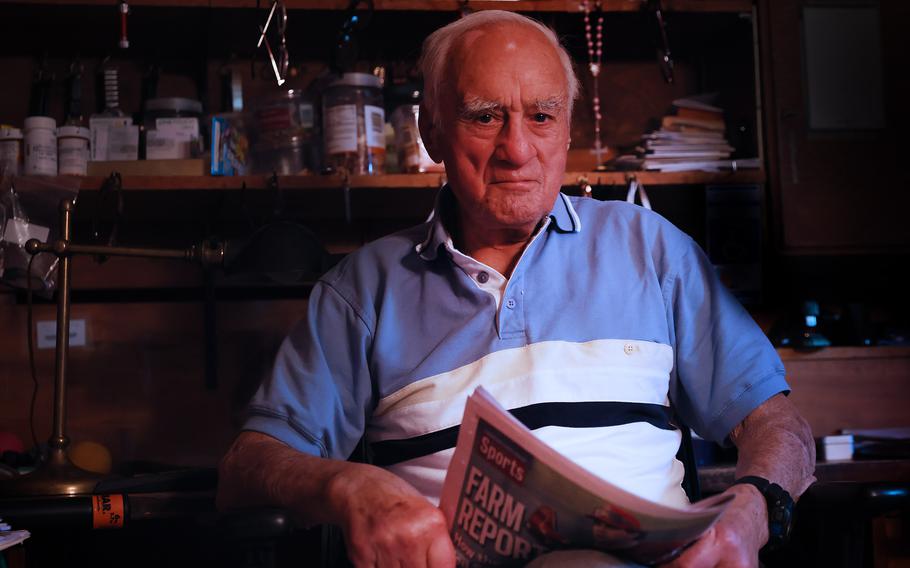 Frank Bellotti at home in Hingham, Mass., May 2, 2023. Bellotti, who is celebrating his 100th birthday, was a leader of the Scouts and Raiders during World War II.