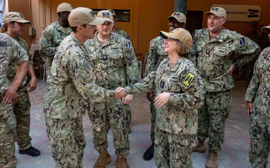 Chief of Naval Operations Adm. Lisa Franchetti meets with sailors during a tour of Task Force 59, at U.S. Naval Forces Central Command in Manama, Bahrain, June 4, 2024.