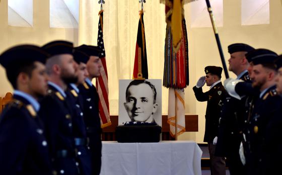 Army 1st Lt. Nathan Baskind receives a final salute during a dignified recovery of remains ceremony at the Landstuhl Regional Medical Center chapel in Germany on May 28, 2024. U.S. Army and German honor guard members paid their respects to Baskind, whose remains were recently recovered from a World War II mass grave in France and identified by a team of experts.