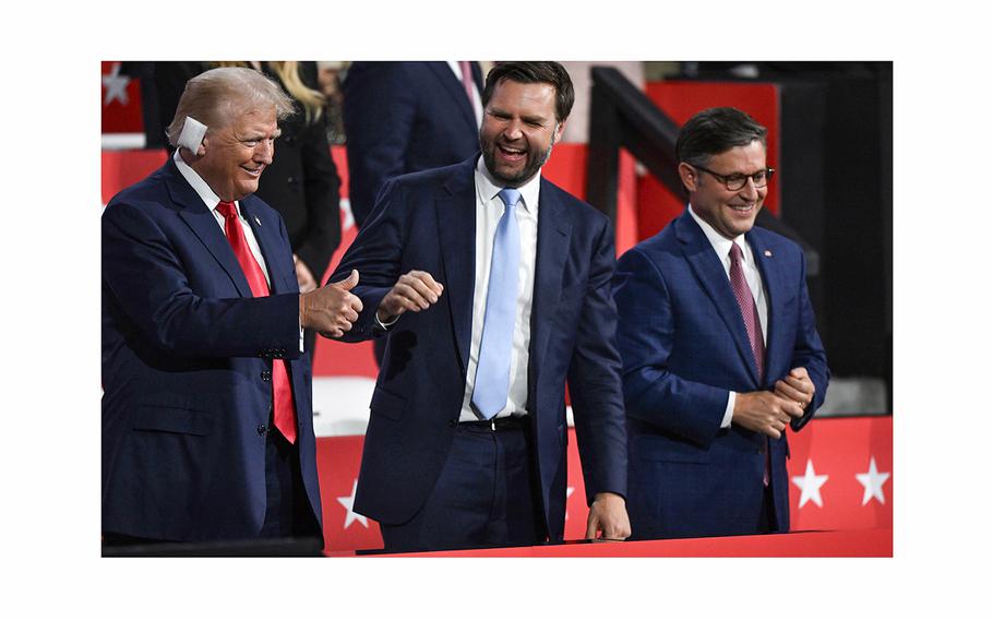 Trump with his vice-presidential nominee Sen. J.D. Vance, R-Ohio, and House Speaker Mike Johnson, R-La., at the Republican National Convention in Milwaukee on July 15, 2024.