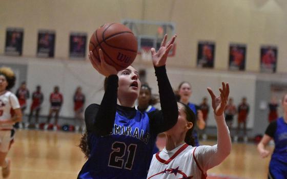 Rota's Allie DeMeritt scored a team-high 15 points in the Admirals' 58-32 loss to Aviano on Friday, Jan. 10, 2025.

Kent Harris/Stars and Stripes