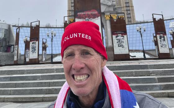 This photo provided by Hédi Aouidj shows Ryan Routh, a suspect in the apparent assassination attempt of Republican presidential nominee and former President Donald Trump, in Maidan, Ukraine on April 10, 2024.   (Hédi Aouidj via AP)