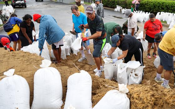 West Orange County residents fill sandbags at the West Orange Recreation Center in Winter Garden on Monday, October 7, 2024, in preparation for the impact of Hurricane Milton on the Central Florida region. (Rich Pope, Orlando Sentinel)