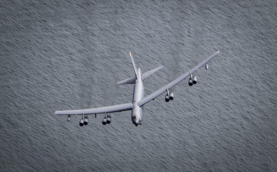 A U.S. Air Force B-52H Stratofortress long-range bomber flies over the Baltic Sea 