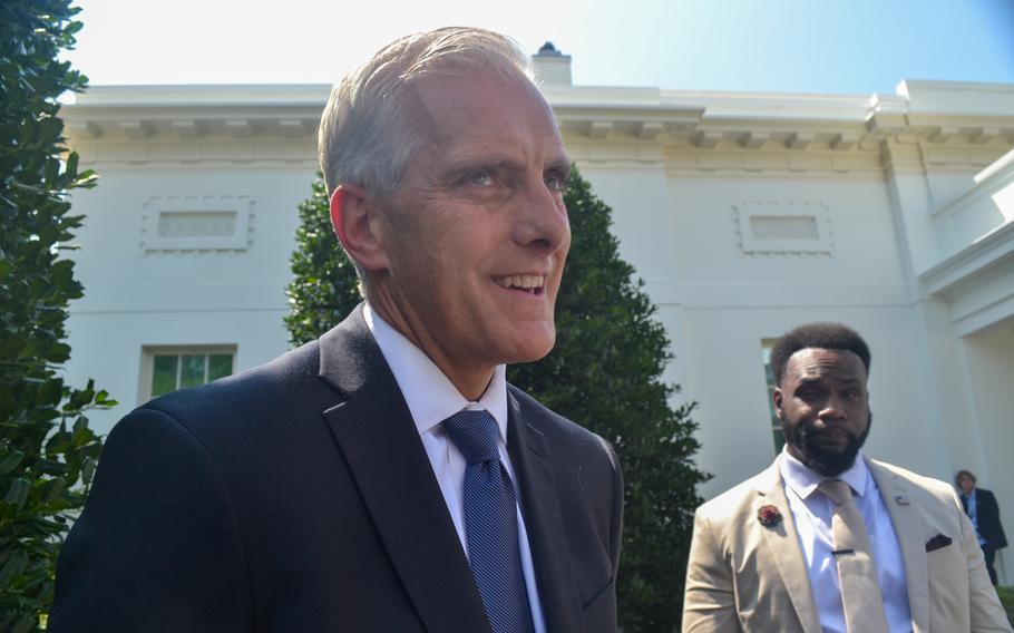 Department of Veterans Affairs Secretary Denis McDonough in August 2022, speaking with reporters in front of the White House.
