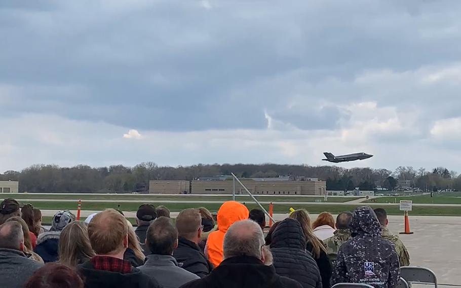 An F-35 Lightning II lands at Truax Field in Madison, Wis., Tuesday, April 25, 2023, in this screenshot from video.