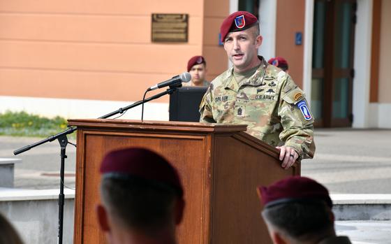 U.S. Army incoming Command Sgt. Maj. of the 173rd Airborne Brigade, Matthew D. Carlson, provides remarks during assumption of responsibility ceremony at Caserma Del Din, March 9, 2023, Vicenza, Italy. The 173rd Airborne Brigade is the U.S. Army Contingency Response Force in Europe, capable of projecting ready forces anywhere in the U.S. European, Africa or Central Commands' areas of responsibility. (U.S. Army photo by Paolo Bovo)