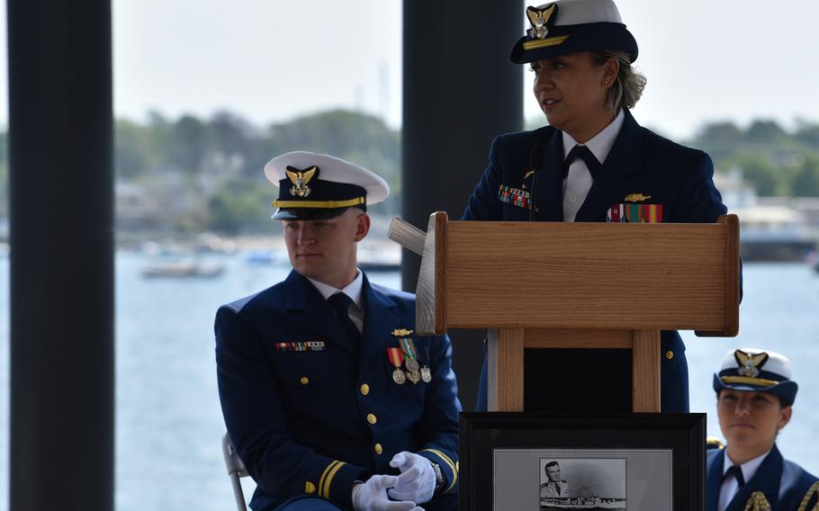 Lt. Terry Netusil, commanding officer of U.S. Coast Guard Cutter Maurice Jester, addresses the crowd during the cutter’s commissioning ceremony in Newport, R.I., June 2, 2023.