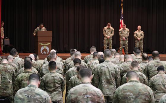 More than 140 U.S. Soldiers with the Fort Indiantown Gap-based 3622nd Sustainment Maintenance Company are recognized during a ceremony, Feb. 1, at the Zembo Shrine in Harrisburg. The unit is about to depart for a year-long deployment to the Middle East, supporting U.S. Central Command and partner forces with security objectives in the region.