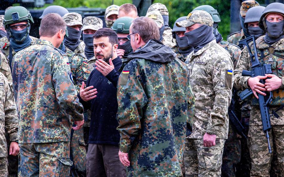 Ukraine President Volodymyr Zelenskyy visits the site where Ukrainian soldiers are training on the Patriot anti-aircraft missile system at a training ground in Mecklenburg, Germany, on June 11, 2024. 