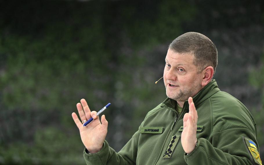 Commander-in-Chief of the Armed Forces of Ukraine Valeriy Zaluzhnyi gestures as he speaks during a press conference in Kyiv on Dec. 26, 2023, amid the Russian invasion of Ukraine. 