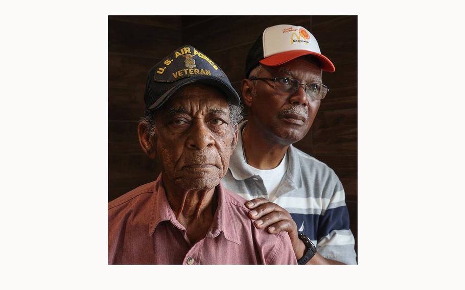 Air Force veteran Leonard Hopkins, 90, and Artie Stubbs, 72, right, are photographed as Black military veterans gathered daily to share memories, stories, and fellowship at a local McDonald’s on March 28, 2024 in Miami, Florida.