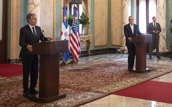 U.S. Secretary of State Antony Blinken, left, and Dominican Republic President Luis Abinader hold a joint news conference in Santo Domingo on Sept. 6, 2024.