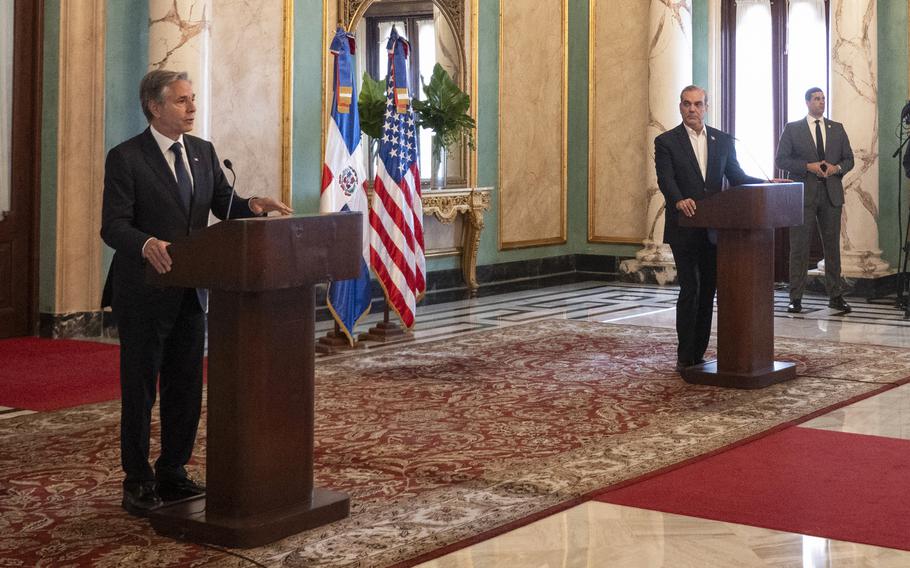 U.S. Secretary of State Antony Blinken, left, and Dominican Republic President Luis Abinader hold a joint news conference.