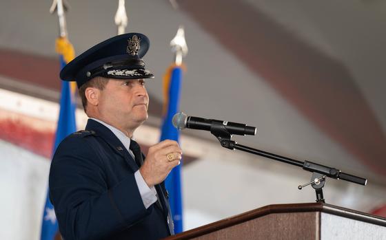 U.S. Air Force Maj. Gen. Phillip A. Stewart, 19th Air Force commander, gives closing remarks during the 19th Air Force change of command ceremony August 19, 2022, at Joint Base San Antonio-Randolph, Texas. Stewart oversees top level instruction and flying operations manning, contracts, logistics and maintenance trends. (U.S. Air Force photo by Senior Airman Tyler McQuiston)