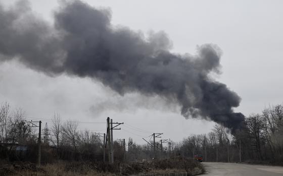 FILE - Smoke rises from an energy facility after a Russian attack in Kharkiv, Ukraine, Friday March 22, 2024. (AP Photo/Yevhen Titov)