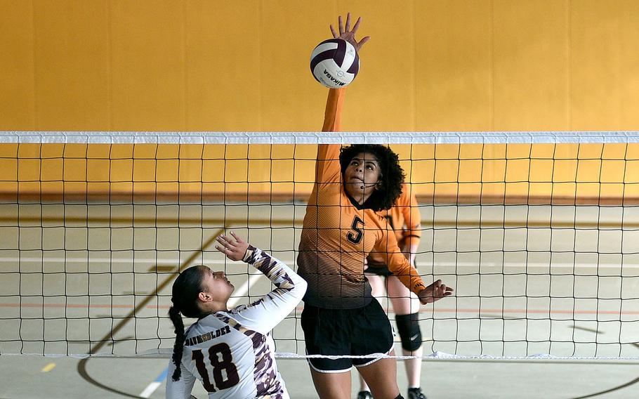 Spangdahlem plays Baumholder in girls volleyball.