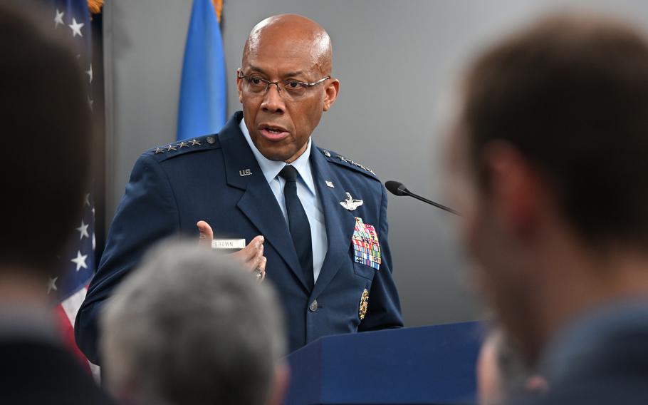 Chairman of the Joint Chiefs of Staff Gen. Charles Q. Brown Jr. speaks  during a news conference at the Pentagon in May. 