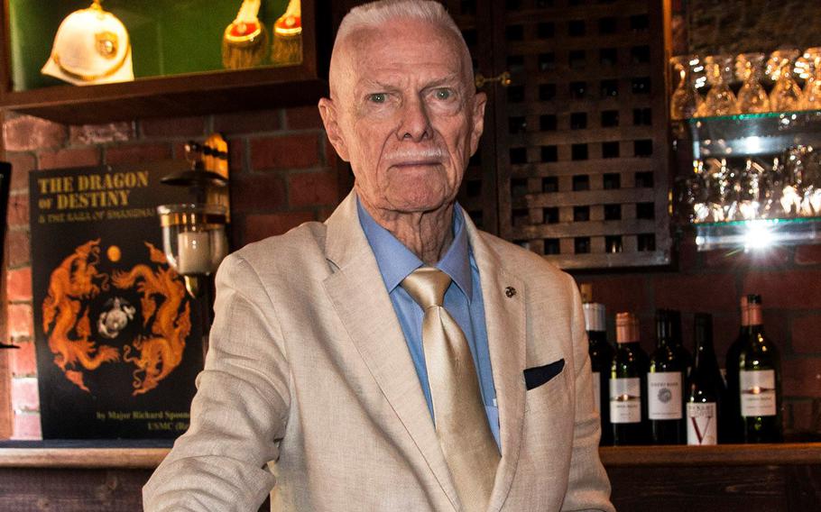 Retired Marine Corps Maj. Rick Spooner at The Globe & Laurel restaurant in Stafford, Va. At 96, he was awarded a Quilt of Valor for his 29 years of service, which spanned three wars.