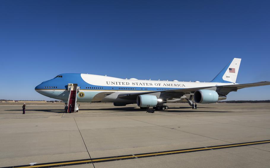 Air Force One is prepared for the arrival of President Donald Trump at Joint Base Andrews, Md., Friday, Feb. 14, 2025. 