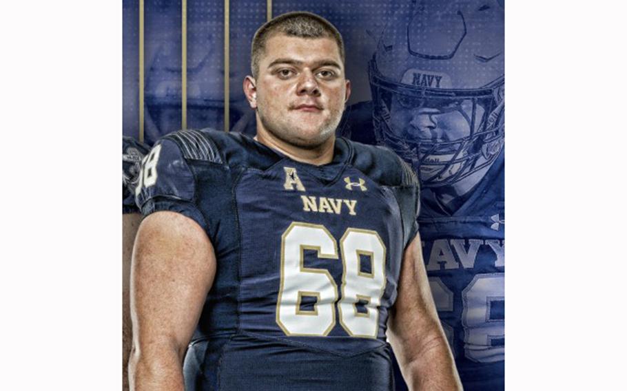 A photo illustration shows Naval Academy football team captain Lirion Murtezi wearing No. 68, the number that had been worn by former Midshipmen offensive lineman David Forney who died of a sudden cardiac arrest in February 2020 and was found unresponsive in his Bancroft Hall dorm room. 