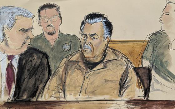 FILE - In this courtroom sketch, Ismael "El Mayo" Zambada, center, is seated beside his defense attorney Frank Perez, left, in federal court in the Brooklyn borough of New York, Sept. 13, 2024. (Elizabeth Williams via AP, File)